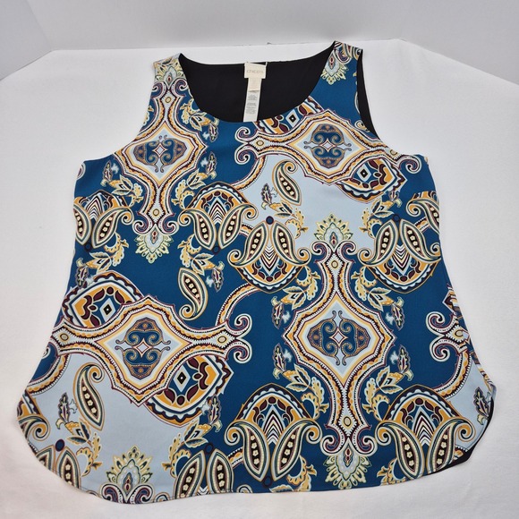 Chicos Size 2 Paisley Print Sleeveless Tank Top Blouse Women Blue Yellow Travel - Picture 4 of 8